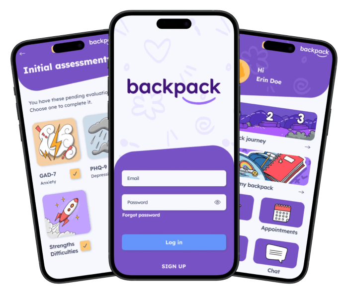 Devices displaying the interfaces of the “backpack” application (appointments, assessments, and education).