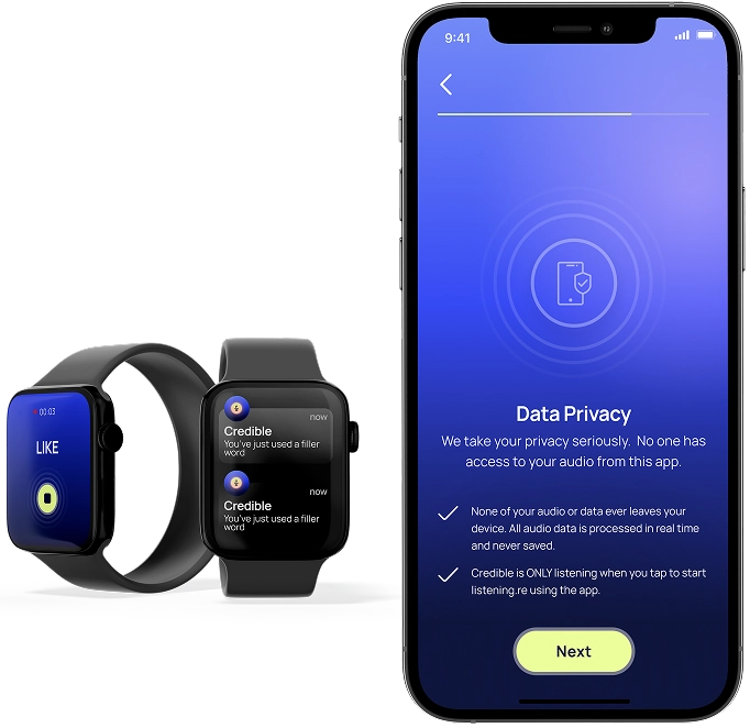 Mockup of Credible, a personal speech coach with real-time feedback