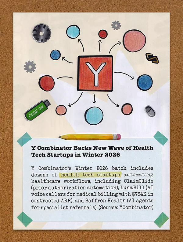 Hand-drawn illustration of Y Combinator's logo surrounded by gears and connected circles representing health tech startups, from Alternova's Anti-Newsletter.