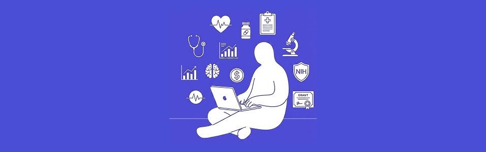 Robin with a laptop, leaning forward, with floating icons representing health, clinical data, and NIH funding. Clean, modern health tech style.